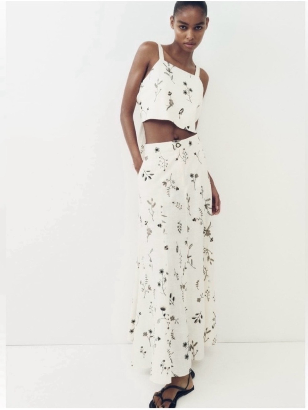 Zara Cream Floral Maxi Skirt - Flowing Botanical Print